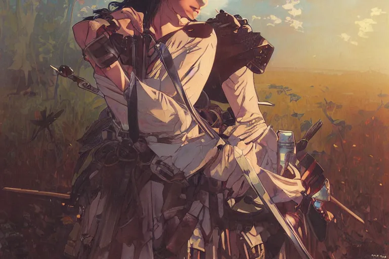 Image similar to wounded samurai in full armor on a battlefield, dusk, by fiona staples, range murata, alphonse mucha