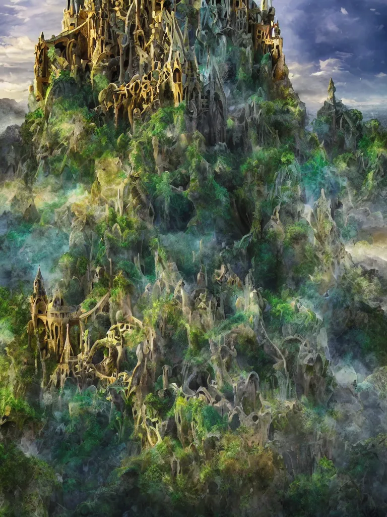 Image similar to stunning wide angle view of an ancient gaudi designed castle on top of a green stone island in the middle of a deep green wavy sea, sun through majestic clouds, highly detailed rock structures, artistic composition, sharp focus on houses, intricate concept art, digital painting, colorful flat surreal design, hd, 8 k, artstation, ambient lighting