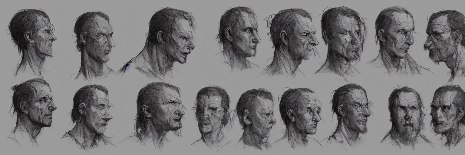 Image similar to character faces, realistic lars von trier face, character sheet, fine details, concept design, contrast, kim jung gi, greg rutkowski and da vinci, trending on artstation, 8 k, emotional, face turnaround, front view, back view, side view, ultra wide angle