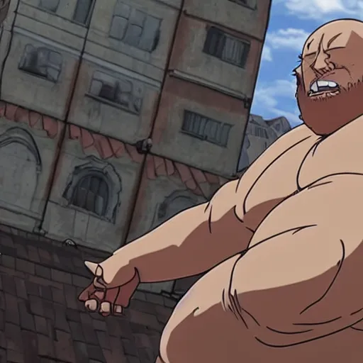 Prompt: Action Bronson as a character in Attack on Titan, anime still