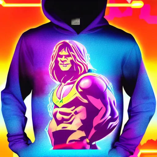 Image similar to he - man in hoodie, portrait, vaporwave, synthwave, neon, vector graphics, cinematic, volumetric lighting, f 8 aperture, cinematic eastman 5 3 8 4 film