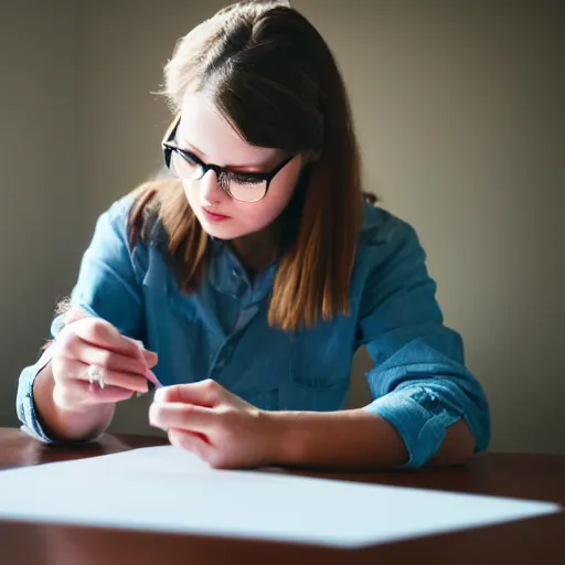 Prompt: a photo of a female trying to draw herself a new arm, 5 0 mm lens, f 1. 4, sharp focus, ethereal, emotionally evoking, head in focus, volumetric lighting, 8 k