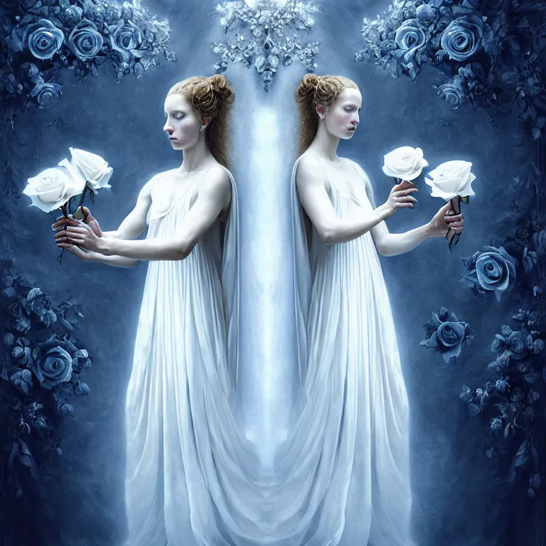 Prompt: renaissance professional digital art of wonderful symmetrical goddess with a majestic semi transparent white roses cotton dress, blue atmospheric light, dramatic lighting, cinematic, painted, intricate, detailed, foreboding, by art by meredit frampton and gregory crewdson, epic, stunning, gorgeous, much wow, cinematic, masterpiece.