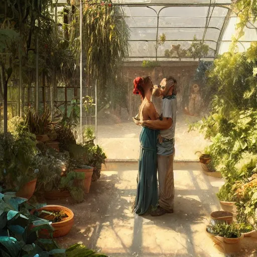 Image similar to Couple at a greenhouse in Ancient Greek | painting by Greg Rutkowski | trending on artstation | 8k | HD