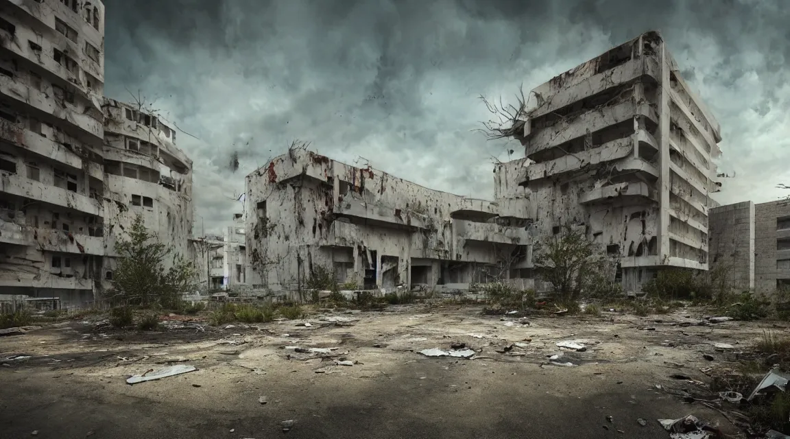 Prompt: post apocalyptic hospital building, morning, building, avenue, modern contemporary urban americana concrete architecture, by ricardo bofill, apocalyptic color palette, trending on artstation, photorealistic, wilderness ambiance, ultra detailed, high definition, depth of field, bokeh, rubble, wild vegetation, blood stains, building crumbling