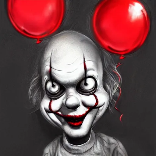 Prompt: surrealism grunge cartoon portrait sketch of georgie from it with a wide smile and a red balloon by - michael karcz, loony toons style, pennywise style, horror theme, detailed, elegant, intricate