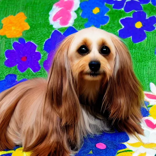 Image similar to long haired dachshund shi tzu mix laying on a bed of multi-color flowers l, Matisse