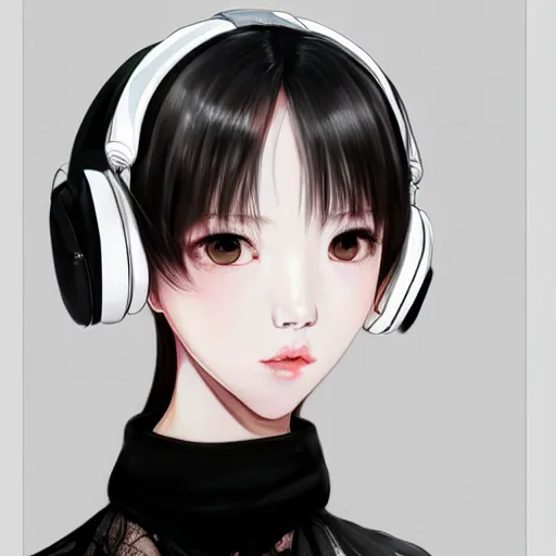 Image similar to realistic detailed semirealism beautiful gorgeous natural cute Blackpink Lalisa Manoban black hair black cat ears, wearing white camisole outfit, headphones, black leather choker artwork drawn full HD 4K high resolution quality artstyle professional artists WLOP, Aztodio, Taejune Kim, Guweiz, Pixiv, Instagram, Artstation