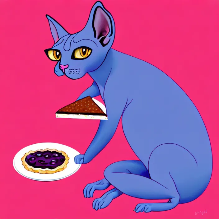 Image similar to an anthropomorphic sphynx cat fursona with big eyes eating a slice of blueberry pie, furry art, cute, oil on canvas, soft lighting