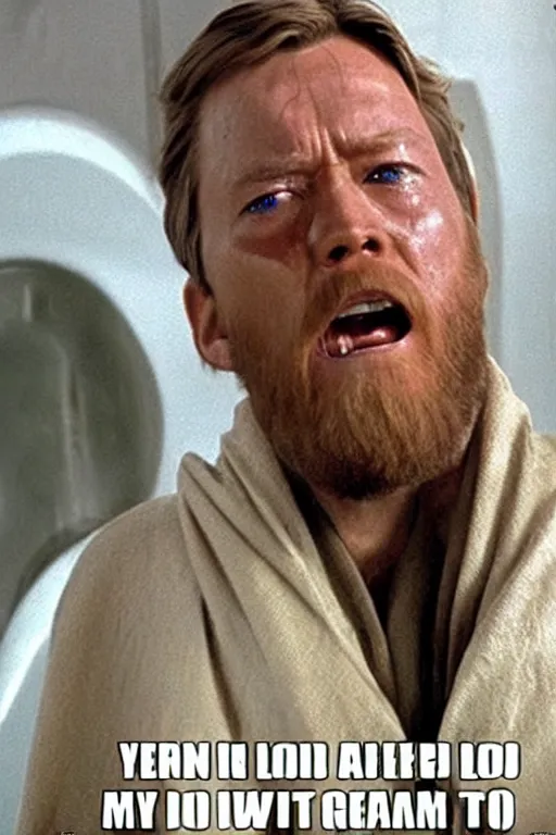 Image similar to Obi-Wan crying with a look of anguish on the toilet after realising there's no more toilet paper