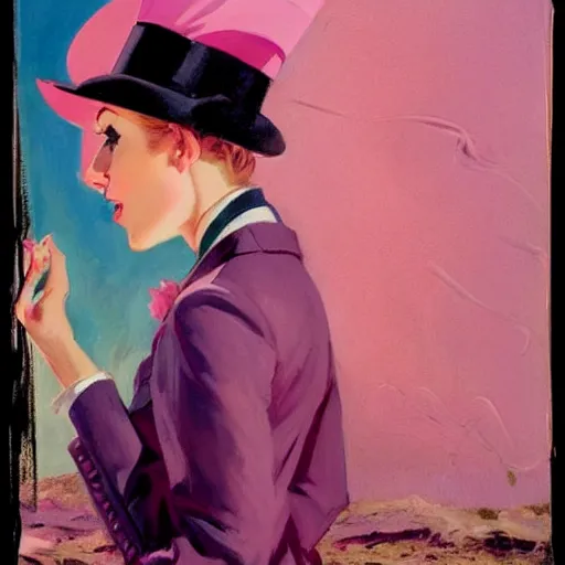 Image similar to an attractive female in a pink suit and tie, standing on a cliff, wearing a tophat, looking out at a pink ocean, by jc leyendecker!! phil hale!, angular, brush strokes, painterly, vintage, crisp