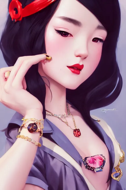 Image similar to a pin up and beautiful fashion charming dreamlke japan girl with lv jewelry, character art, art by artgerm lau and wlop and and ilya kuvshinov and john singer sargent, hyperdetailed, 8 k realistic, symmetrical, frostbite 3 engine, cryengine, dof, trending on artstation, digital art