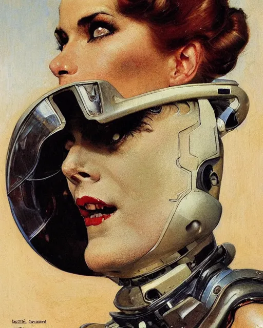 Image similar to head portrait of elegant striking mature space woman in armoured spacesuit, dynamic, by norman rockwell, roberto ferri, daniel gerhartz, edd cartier, jack kirby, howard v brown, ruan jia, tom lovell, frank r paul, dean cornwell, astounding stories, amazing, fantasy, other worlds