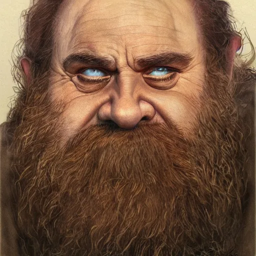 Image similar to portrait of danny devito as gimli, by alan lee, lord of the rings calendar, smooth, detailed terrain, oil painting, matte painting, concept art, trending on artstation, promotional artwork, film still, elegant, photorealistic facial features, intricate, detailed face, cinematic lighting