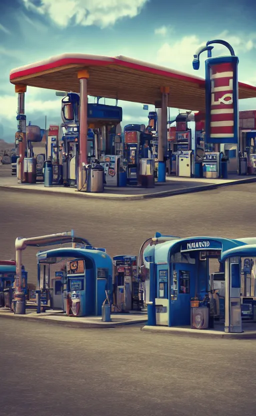 Image similar to steampunk gas station in space, 4 k, polished, photorealistic, hard edges, zoomed in, very coherent, sharp focus, rim light, exquisite lighting, blue gradient, hard edges, sci - fi, cinematic, octane render