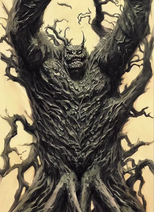 Prompt: a highly detailed monster portrait of an evil tree monster, darkness, claws, veins, fantasy, by gregory manchess, james gurney, james jean