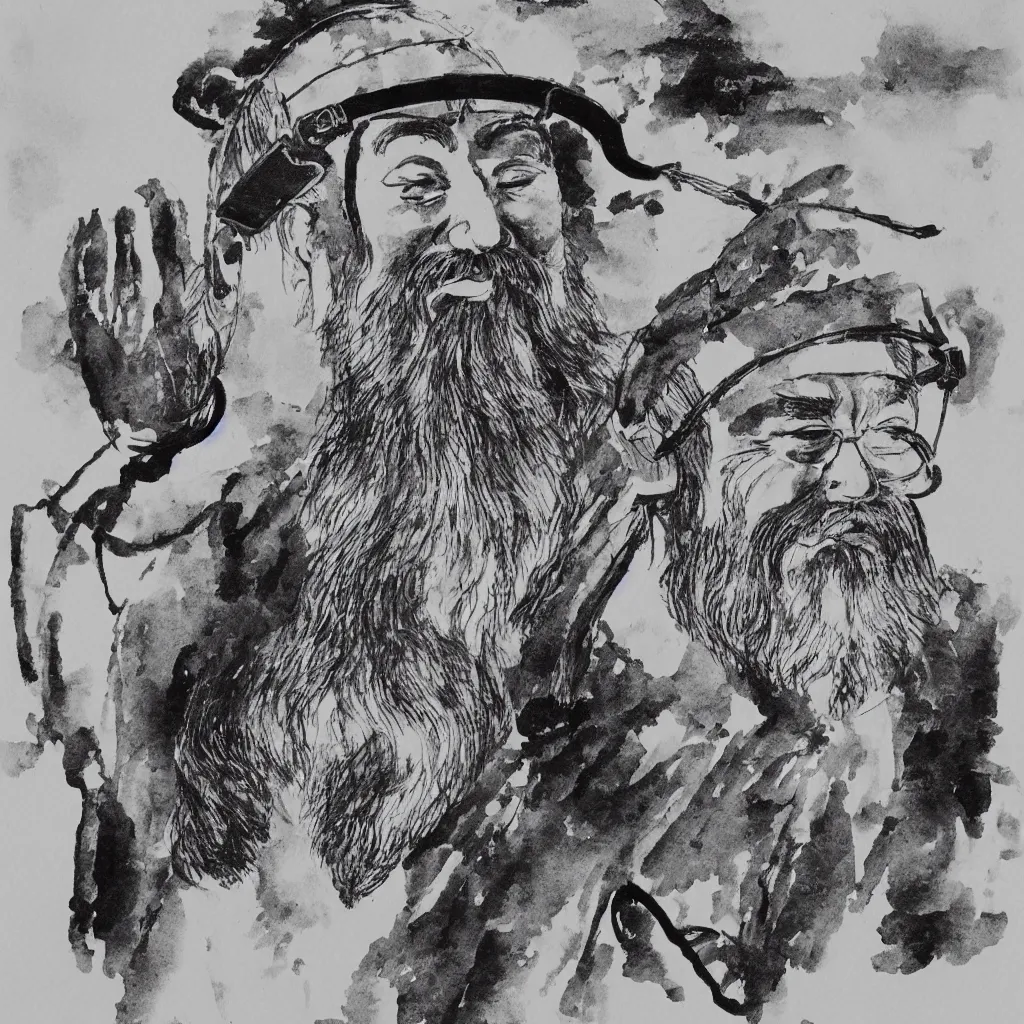 Image similar to confucius wearing vr headset, chinese ink painting