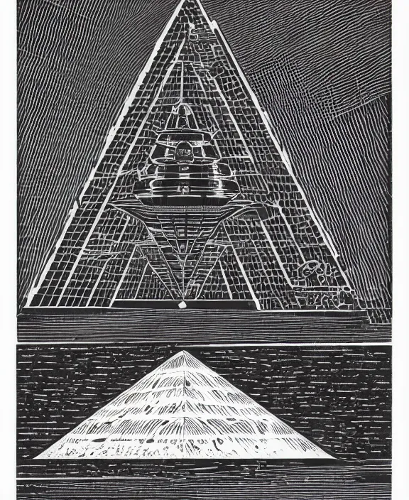 Image similar to realistic space mothership in the shape of pyramid with book tractor beam on white background, art by james o barr and albrecht durer, woodblock print, engraved, black and white, vector, vector art