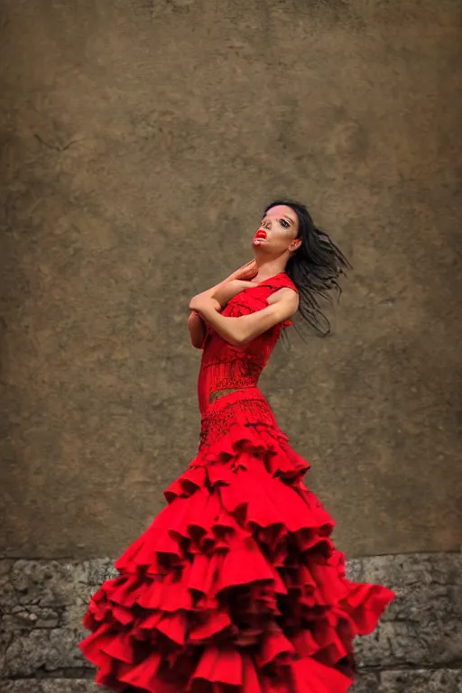 Image similar to spanish flamenco dancer in mallorca wearing a red dress made of flowers, head if red vapor disappearing into ether, evening, dimly lit, foggy, photo realistic, extreme detail skin, no filter, slr, 4 k, high definition