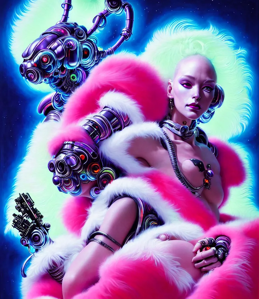 Image similar to beautiful fantasy character portrait, wearing neon technicolor puffy bomber jacket with white fur, seductive reclining pose, futuristic robots sitting, ultra realistic, dramatic lighting, robots, the fifth element artifacts, highly detailed by peter mohrbacher, hajime sorayama, wayne barlowe, boris vallejo, aaron horkey, gaston bussiere, craig mullins