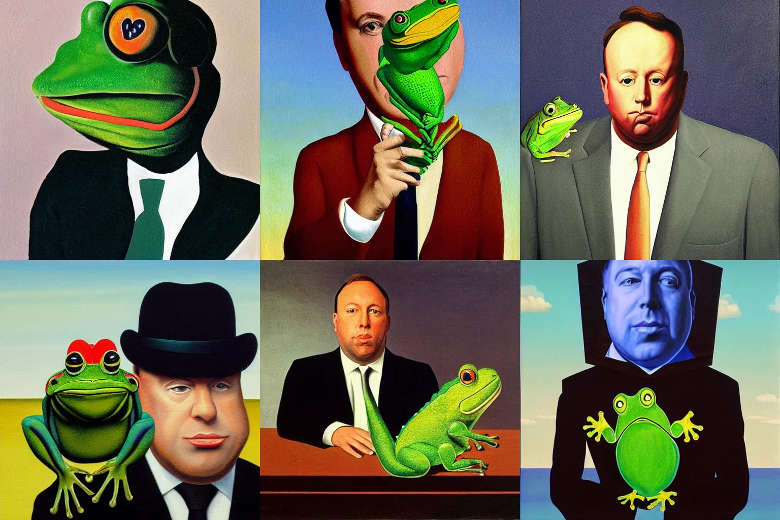 Prompt: a painting of Alex Jones with a large gay frog floating in front of his face by René Magritte