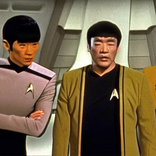 Prompt: still photo of Star Trek The Next Generation 1991 episode with Jigen Daisuke from Lupin the Third