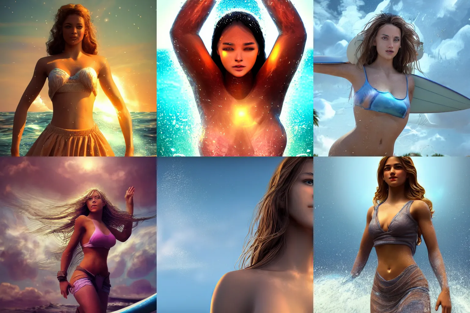 Prompt: a beautiful female human god of surfing character, character is in all its glory, character is centered on the image, character is in her natural pose, rim lights, magic in the air, fancy clouds, highly detailed professional photo, dynamic lights, particles are flying, depth of field, trending on artstation, illustration, hyper realistic, vray caustics, super detailed, colorful accents, cinematic shot