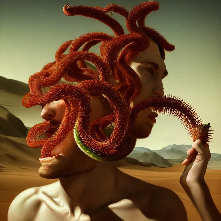 Image similar to carnivorous plant, young white man, in desert, dune, baroque portrait painting, beautiful detailed intricate insanely detailed octane render trending on Artstation, 8K artistic photography, photorealistic, chiaroscuro, Raphael, Caravaggio