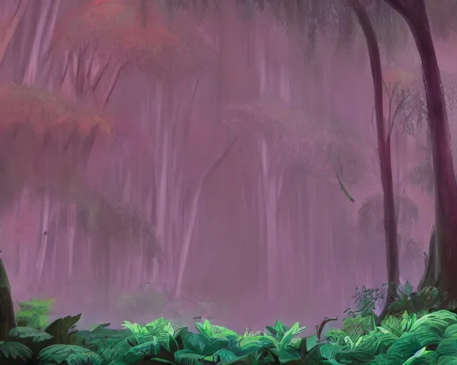 Image similar to lush deciduous forest in a humid subtropical climate, red and brown soil, green and teal leaves, atmospheric fantasy concept art