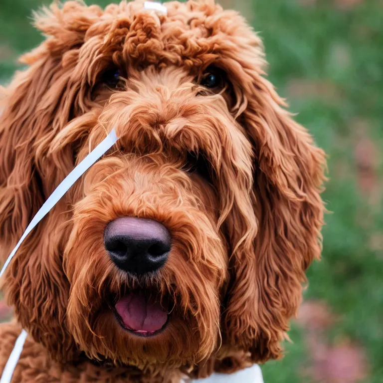 Prompt: labradoodle wearing a ribbon, trending, high definition, photograph