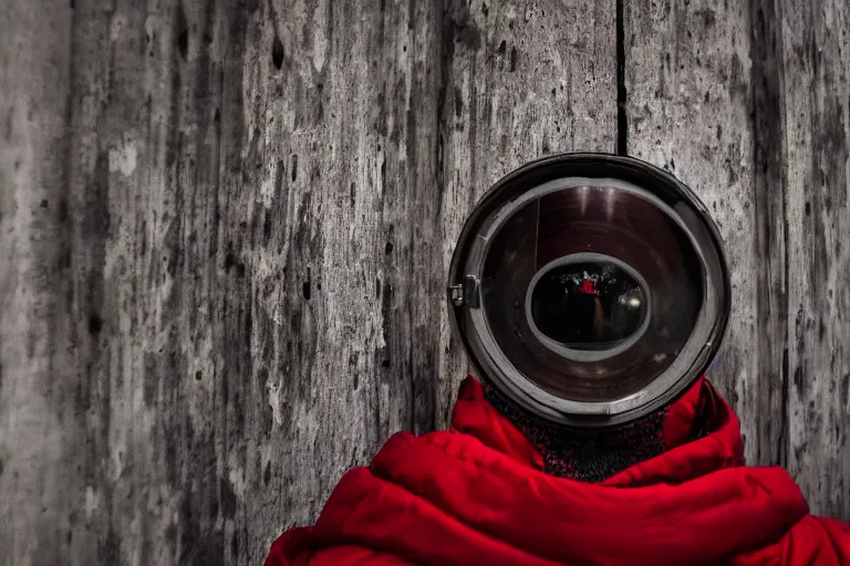 Image similar to a man in a metal mask with red cloak in full armor staring at you through a door peephole. fisheye lense