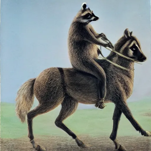 Image similar to a raccoon riding a horse, photorealist