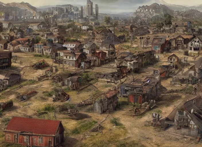 Prompt: realistic photo of a town, settlement, buildings, detailed scenery, futuristic time period