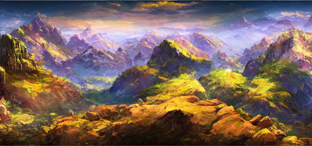 Image similar to vast mountain landscape, craggy mountains, magic the gathering, three - colors, three - color color palette, panoramic, wide angle, horizon, highly detailed