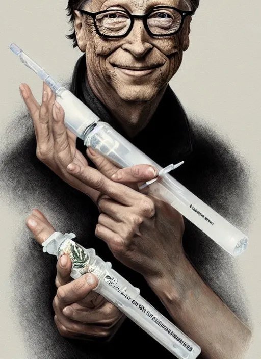 Prompt: bill gates with reptile skin!!!, holding a syringe, portrait, intricate, elegant, highly detailed, digital painting, artstation, concept art, wallpaper, smooth, sharp focus, illustration, art by h. r. giger and artgerm and greg rutkowski and alphonse mucha