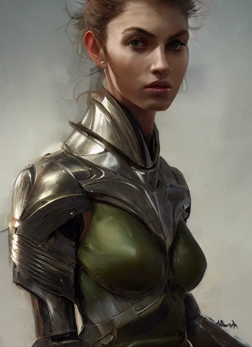 Image similar to a professional painting of a beautiful young female, clothed in military armor, olive skin, long dark hair, beautiful bone structure, symmetrical facial features, intricate, elegant, digital painting, concept art, smooth, sharp focus, illustration, from Metal Gear, by Ruan Jia and Mandy Jurgens and Artgerm and William-Adolphe Bouguerea