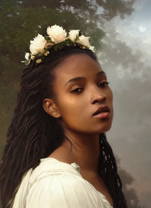 Image similar to oil painting close up portrait of a contemplative young black woman with long flowing hair in a white dress, wearing a crown of white roses!! at sunset, hazy, digital art, chiaroscuro, artstation, cinematic, golden hour, concept art, digital art painting by greg rutkowski, william - adolphe bouguereau, hazy atmosphere, cinematic lighting, flowers