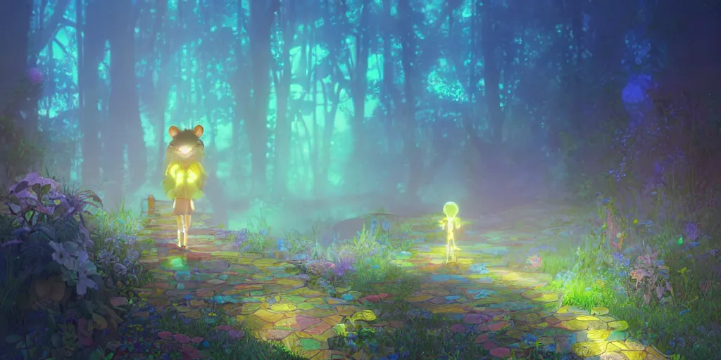 Image similar to a dreamy otherworldly 3 d render of anthropomorphic cyborg rodent on pathway to castle, studio ghibli, pixar and disney exploded - view drawing, sharp, disney octane render splatter paint vray by shinji kimura and alphonse mucha and alena aenami, maximalist pastel color palette, ( ( bloom ) ), dramatic lighting