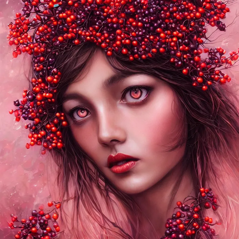 Prompt: digital painting crimson goddess, lots of branches, leaves and berries of blackberries and oranges, wonderful eyes, symmetrical, fantasy, highly detailed, realistic, complex, fantasy, over - detailed, elegant, complex, dynamic lighting, hyperrealism, digital art, digital painting, artstation, wlop, clear focus, illustrations by filipe pagliuso and justin gerard