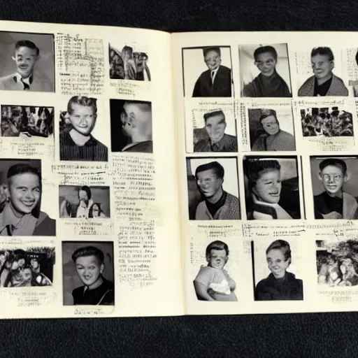 Prompt: image of a 1950s year book but every student's heads are replaced by a monkey head, photoreal.