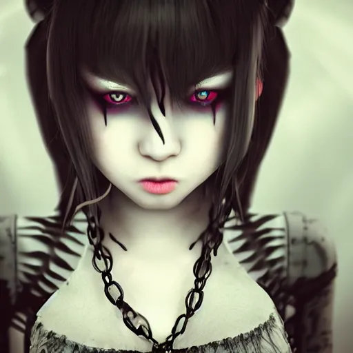 Image similar to photorealistic full shot portrait of kawaii angry darkness vampire anime girl, gothic clothing, worrying eyes, inspired by Tim Burton, detailed, unreal engine 4k volumetric light, fog,