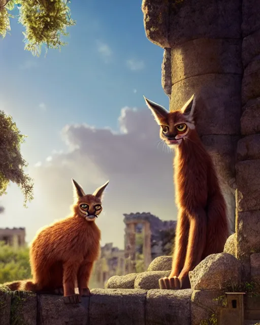 Image similar to fullbody photo of humanoid cute sad fluffy caracal dressed in toga, sun behind him, ancient greek city, sunny day, by ilya kuvshinov, rtx rendering, octane render 1 2 8 k, maya, extreme high intricate details by tom bagshaw, medium shot, composition by sana takeda, lighting by greg rutkowski