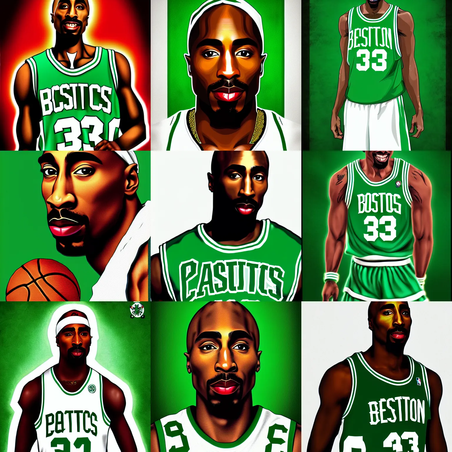 Prompt: portrait of tupac shakur, boston celtics jersey number 3 4, green, white, cartoon digital art, fantasy art by steve argyle, trending on artstation