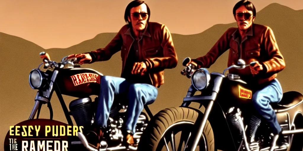 Prompt: easy rider motorcycle movie poster with henry fonda and dennis hopper : : on the road : : unreal engine, detailed