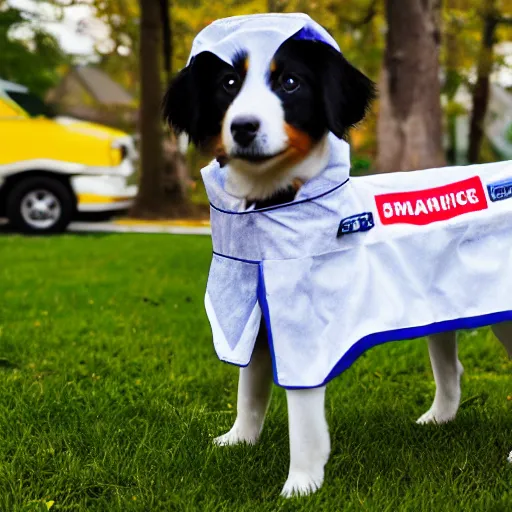 Image similar to a cute puppy wearing an ambulance costume, Canon EOS R3, f/1.4, ISO 200, 1/160s, 8K, RAW, unedited, symmetrical balance, in-frame