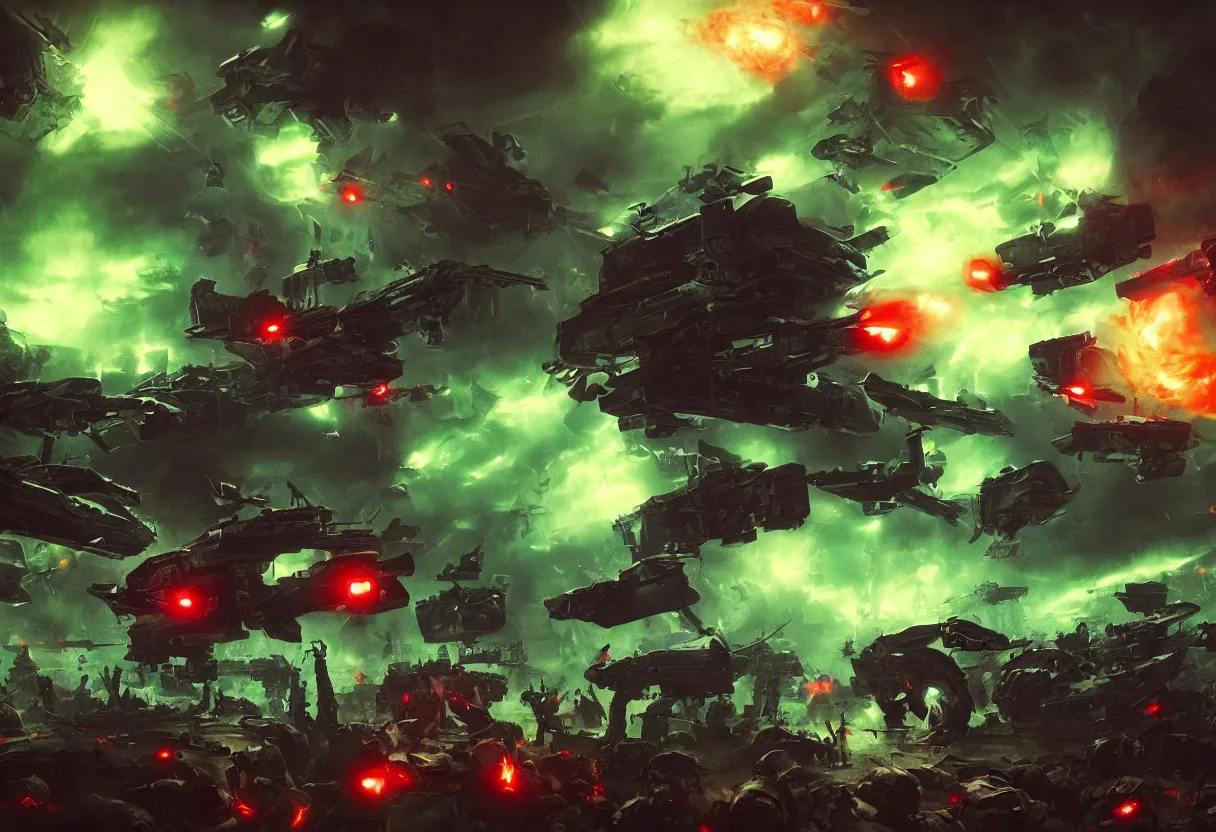 Prompt: eerie space invaders with red eyes marching through green and blue flames, epic space battle in colorfully ominous background, minimalism, hyper realism, matte painting, realistic, dramatic lighting, octane render, highly detailed, cinematic lighting, cinematic, art by rutkowski and frazetta and rembrandt
