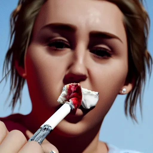 Prompt: Miley Cryus smoking a joint, 8k, realistic, extreme details, detailed, sharp, smoke