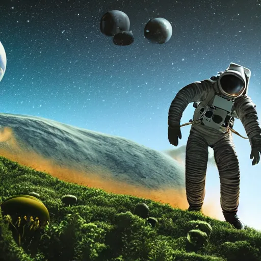 Image similar to an astronaut on an alien planet teeming with vegetation
