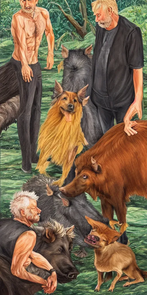 Image similar to beautiful detailed acrylic painting of a fit and mystical elderly man, has blond hair and ginger beard, surrounded by a Belgian shepherd and a wild boar