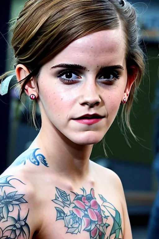 Image similar to emma watson, dope tattoo, hyperrealistic